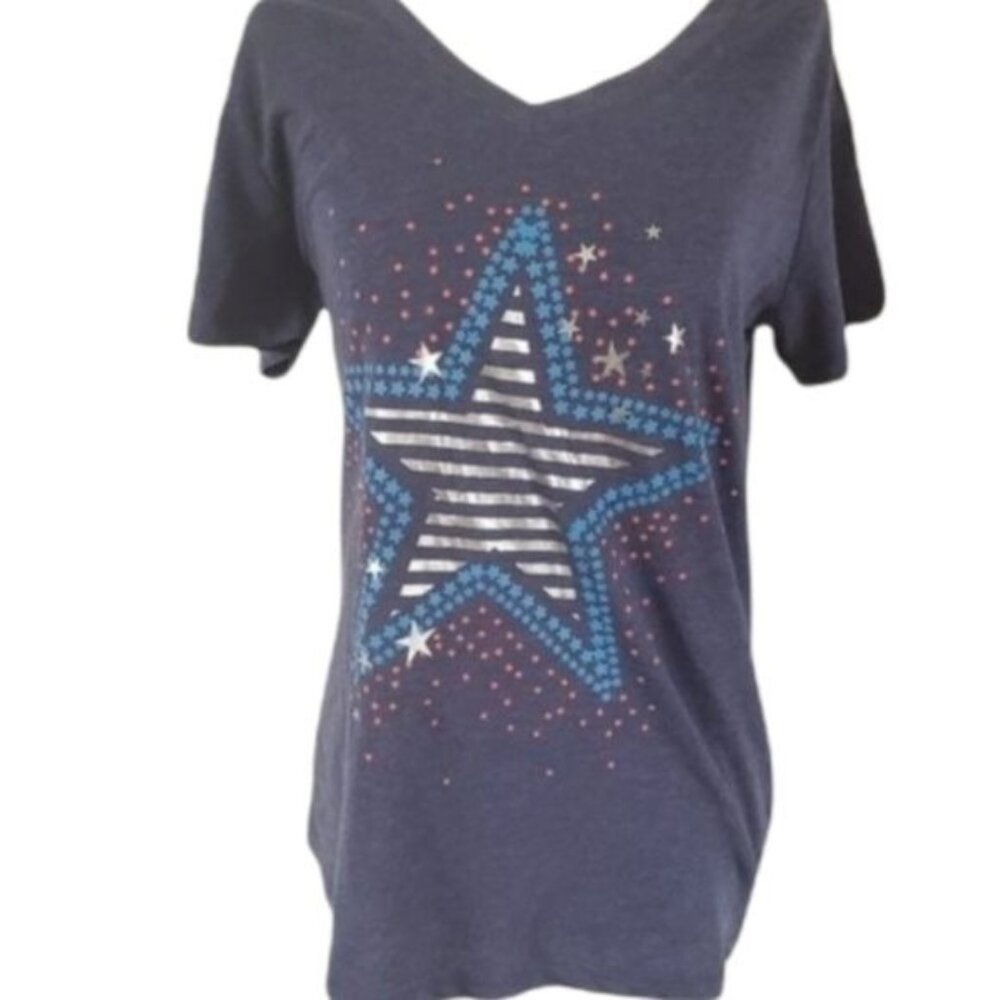 MIC & JAX Womens‎ T-Shirt SZ M Stars and Strips Blue Red Silver America USA